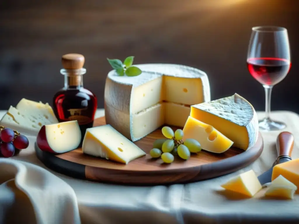 Delicioso maridaje vino queso gourmet con selección de quesos y vinos en tabla de madera rústica, iluminación suave resalta texturas y colores