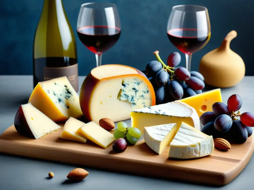 Delicioso maridaje vinos quesos principiantes gourmet con brie, gouda y queso azul en tabla de madera elegante