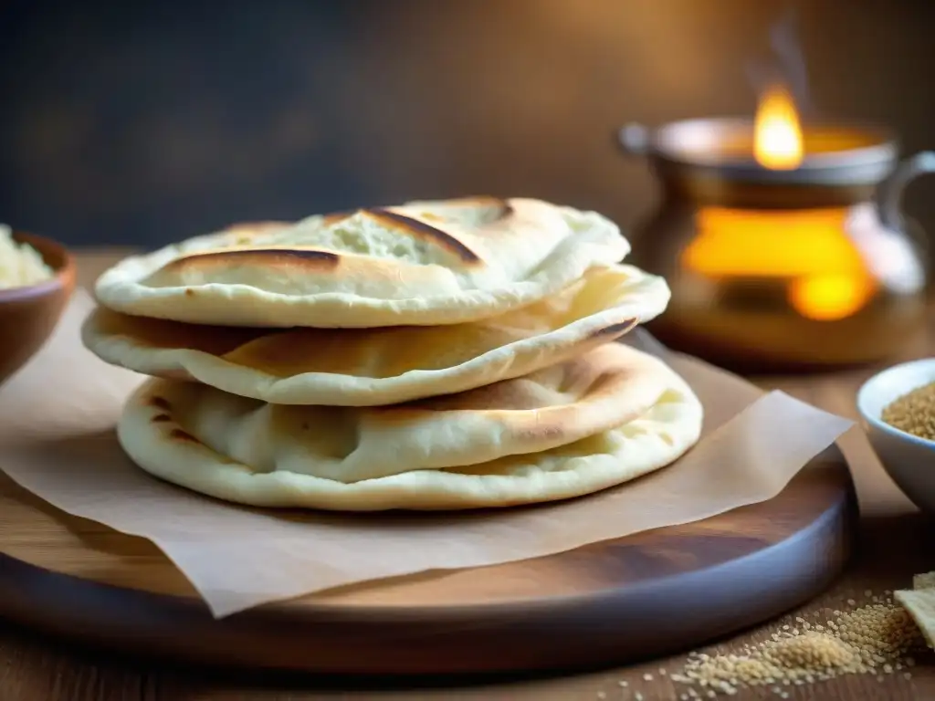 Un delicioso montón de pan de pita recién horneado sobre una mesa de madera rústica