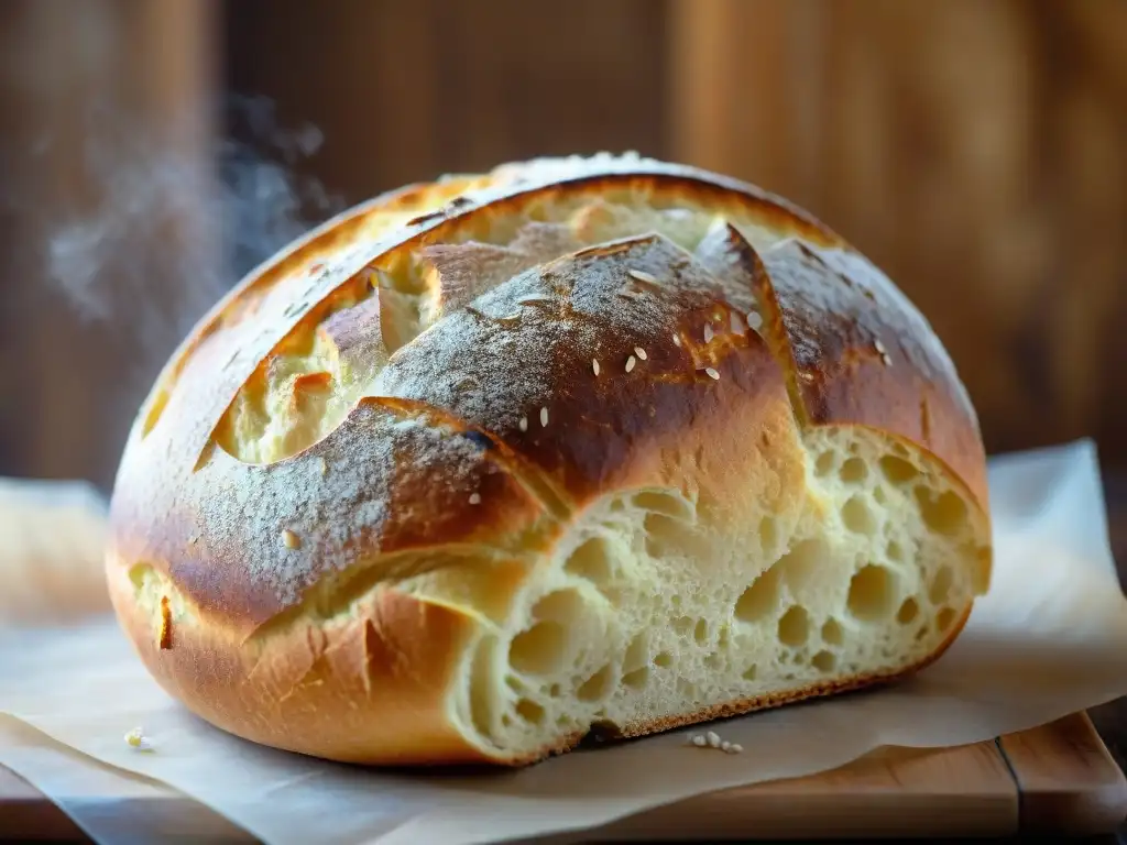 Delicioso pan artesanal recién horneado con corteza dorada y sal marina