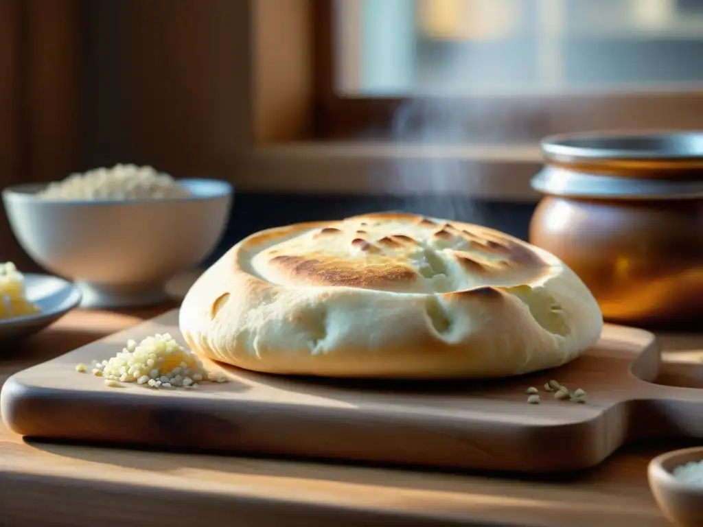 Delicioso Pan de Pita recién horneado en una cocina rústica