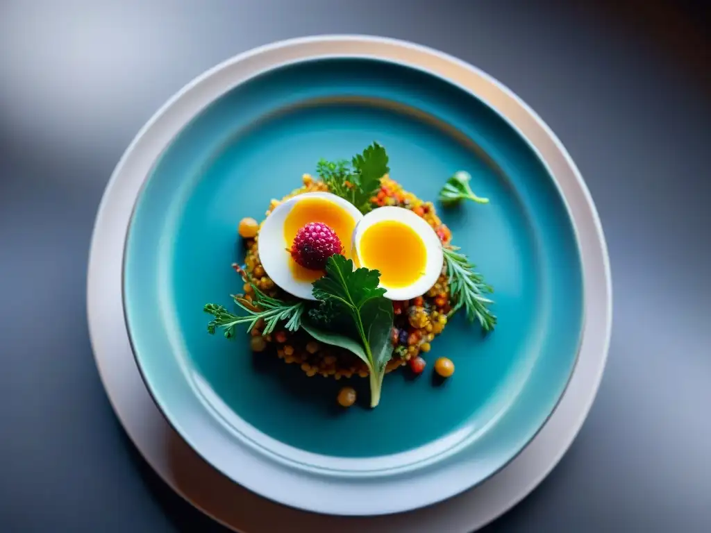 Plato gourmet fusionado: tradición y modernidad en alta resolución Delicioso plato de cocina étnica tradicional con sabores renovados en presentación artística y vibrante