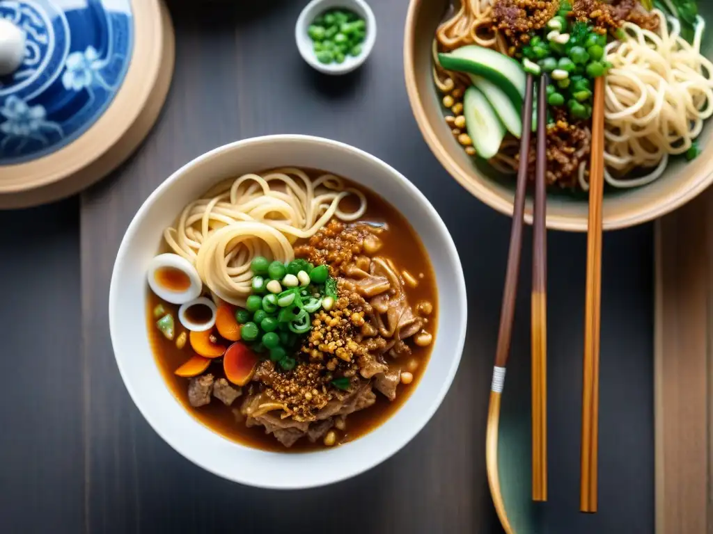 Delicioso plato de fideos Dan Dan con cerdo, cebollino y cacahuetes, sobre mesa de madera con palillos, cuchara y decoración china