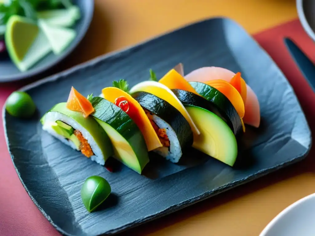 Delicioso plato fusionando sushi japonés y tacos mexicanos con sashimi, aguacate, salsa picante y cilantro