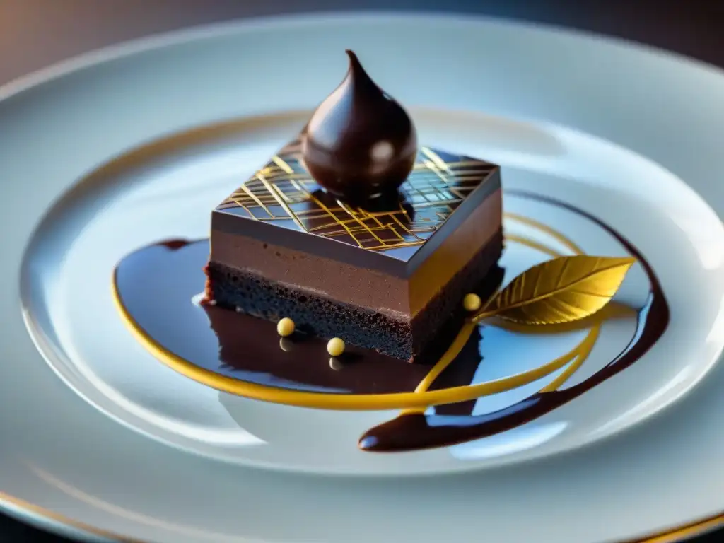 Delicioso postre de chocolate gourmet, con decoraciones intrincadas y detalles en hoja de oro, presentado con técnicas vanguardia