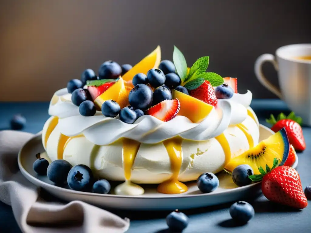 Un delicioso postre Pavlova con frutas frescas y crema, ¡Pavlova receta fácil paso a paso!