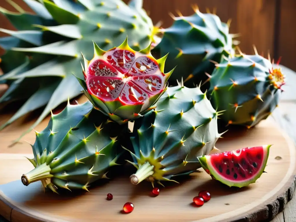 Delicioso sabor crujiente tunas y nopales gourmet en una mesa rústica con gotas de rocío, bañados por la luz del sol