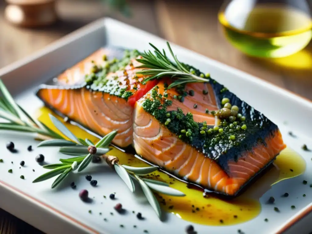 Delicioso salmón marinado con costra de hierbas verdes sobre ramitas de romero y tomillo frescos, resaltando técnicas de envolturas con hierbas