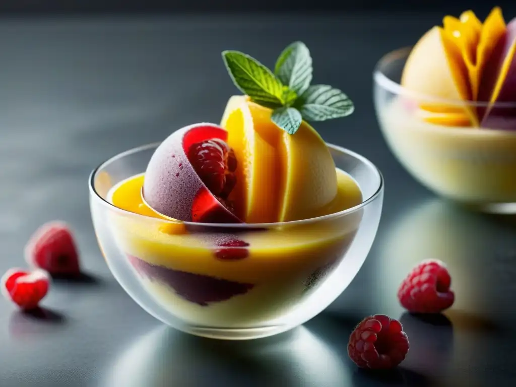 Delicioso sorbete casero gourmet de mango y frambuesa en copa de cristal, con decoración de hojas de menta y bayas