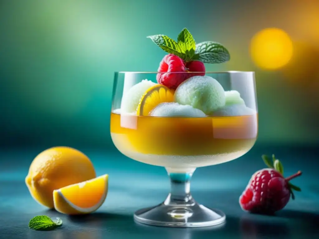 Delicioso sorbete casero gourmet con textura y colores vibrantes, decorado con frutas frescas y miel, en un elegante bol de cristal