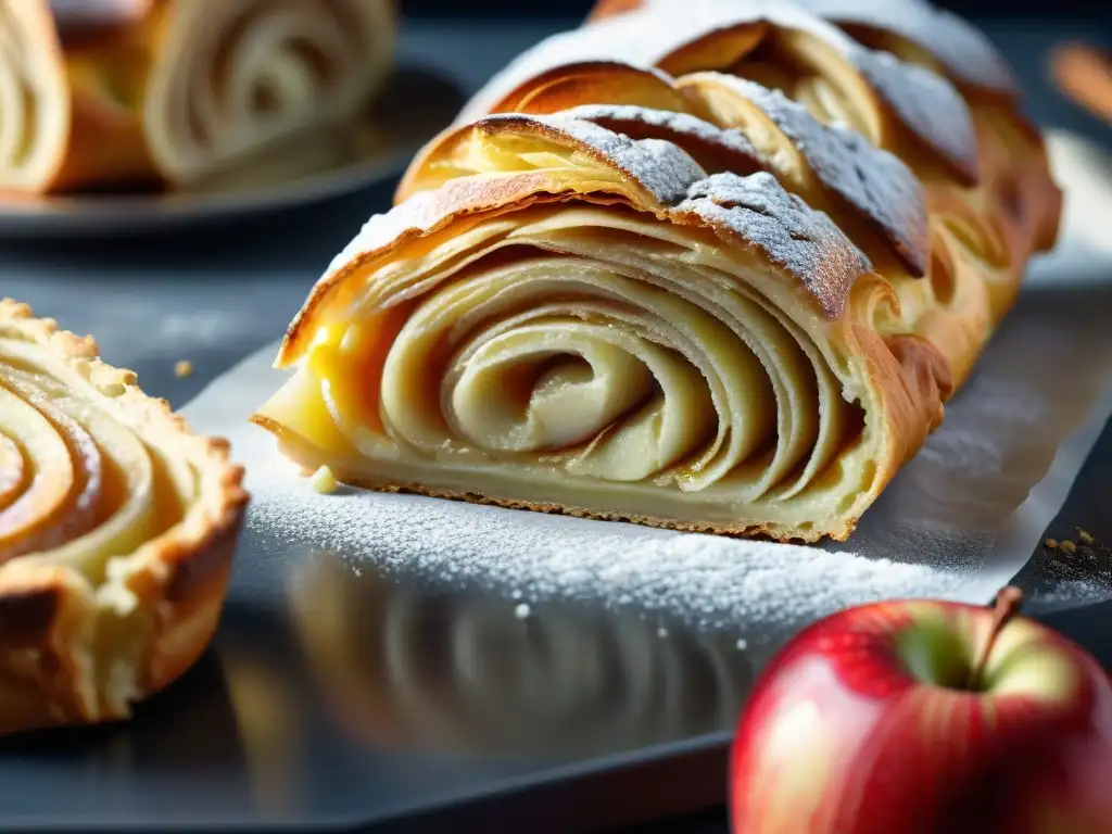 Delicioso strudel de manzana vienés recién horneado con capas doradas y crujientes