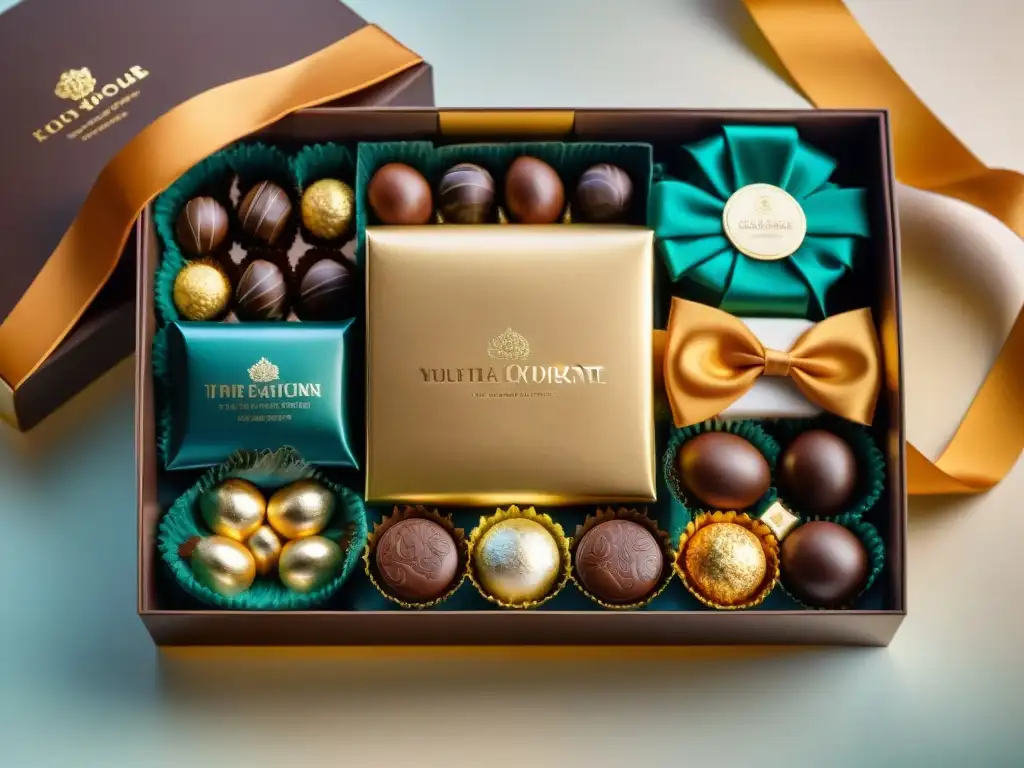 Delicioso surtido de Chocolates del Mundo Suscripción Global, presentados en una elegante caja adornada con detalles dorados