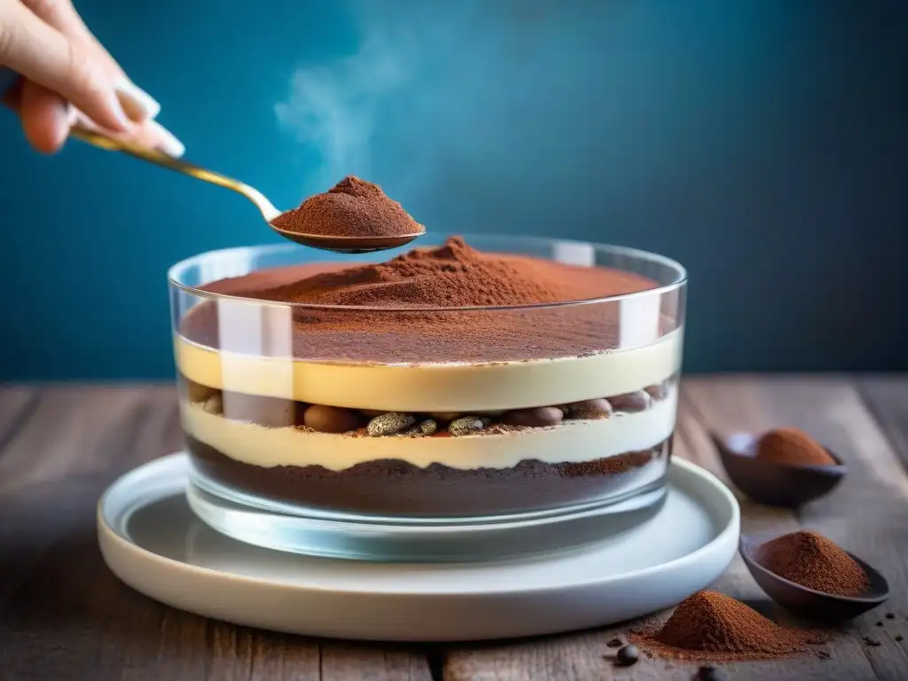 Un delicioso tiramisú italiano con capas de mascarpone y bizcochos, espolvoreado con cacao