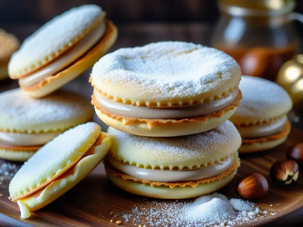 Deliciosos alfajores argentinos recién horneados con dulce de leche, cubiertos de azúcar glas