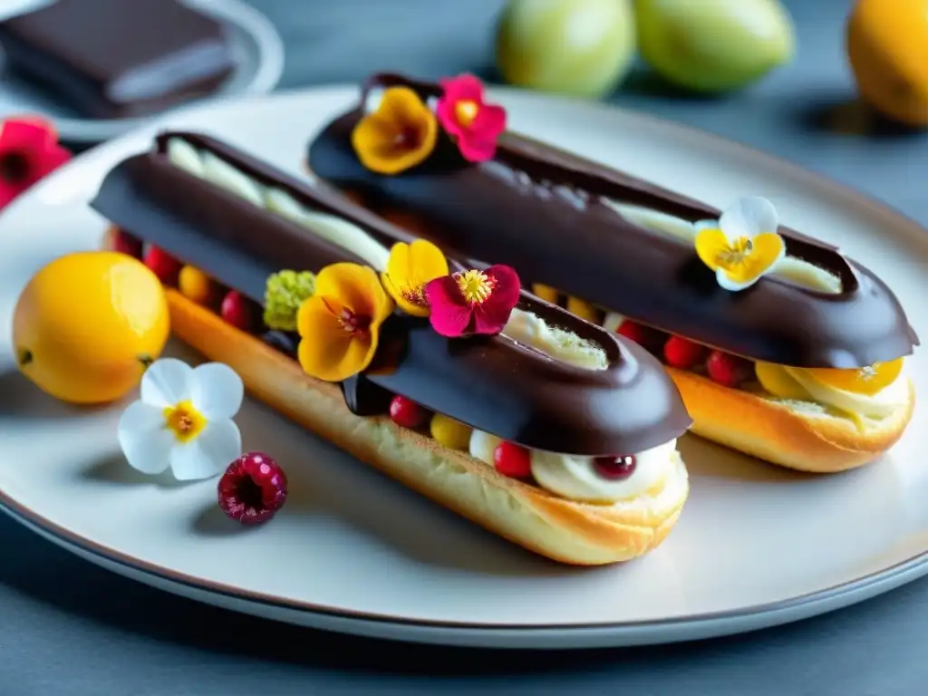 Deliciosos eclairs gourmet en una mesa parisina elegante, decorados con frutas y flores comestibles