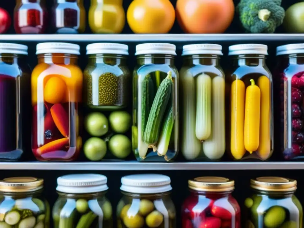 Deliciosos encurtidos innovadores en el mercado para probarlos, una exhibición colorida y apetitosa de vegetales y frutas en escabeche