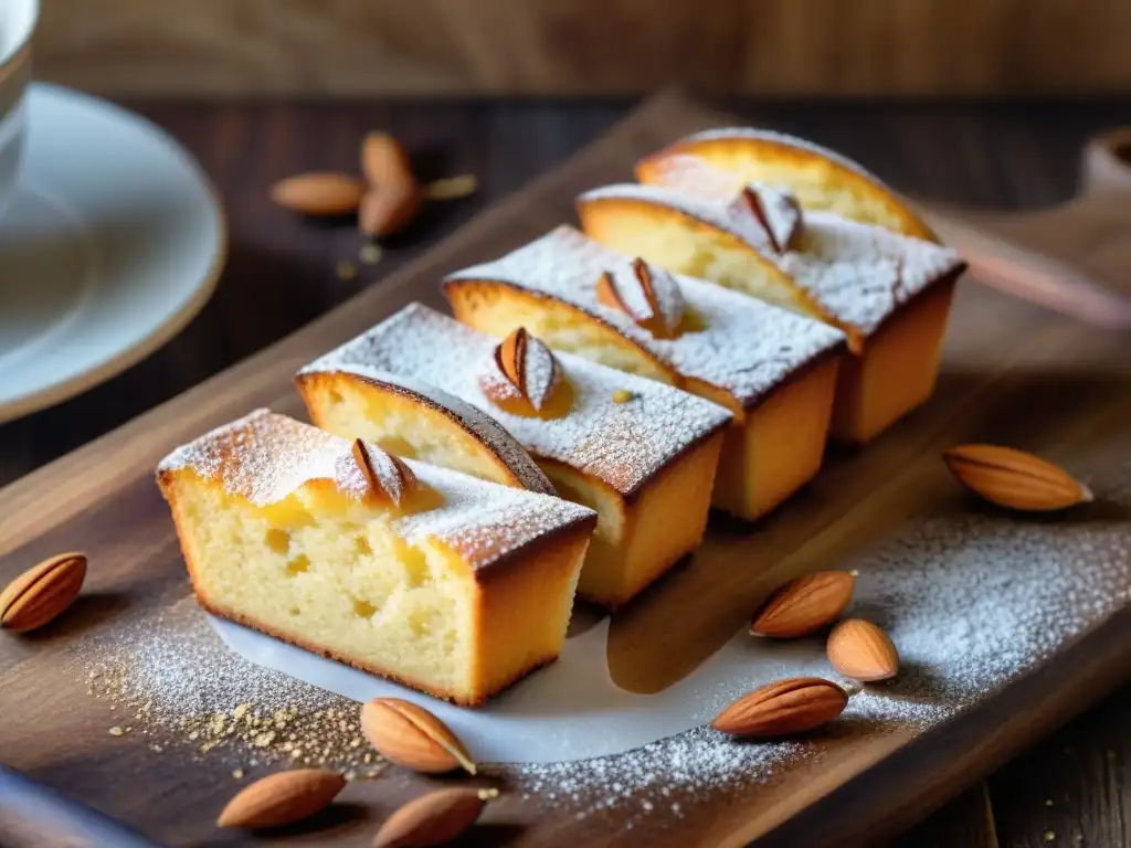 Deliciosos financiers dorados rodeados de almendras tostadas y azúcar glas, en un ambiente de café francés encantador