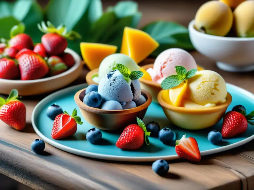 Deliciosos helados frutas temporada gourmet en mesa de madera rústica con frutas frescas y flores comestibles