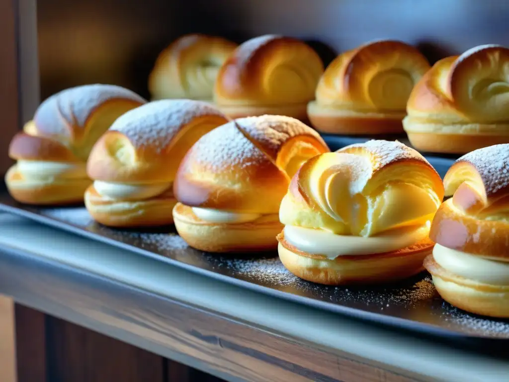 Deliciosos placeres franceses choux à la crème en una panadería rústica con ambiente acogedor