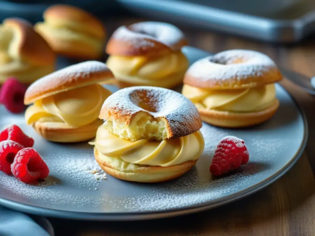 Deliciosos placeres franceses choux à la crème en una cocina rústica con luz suave