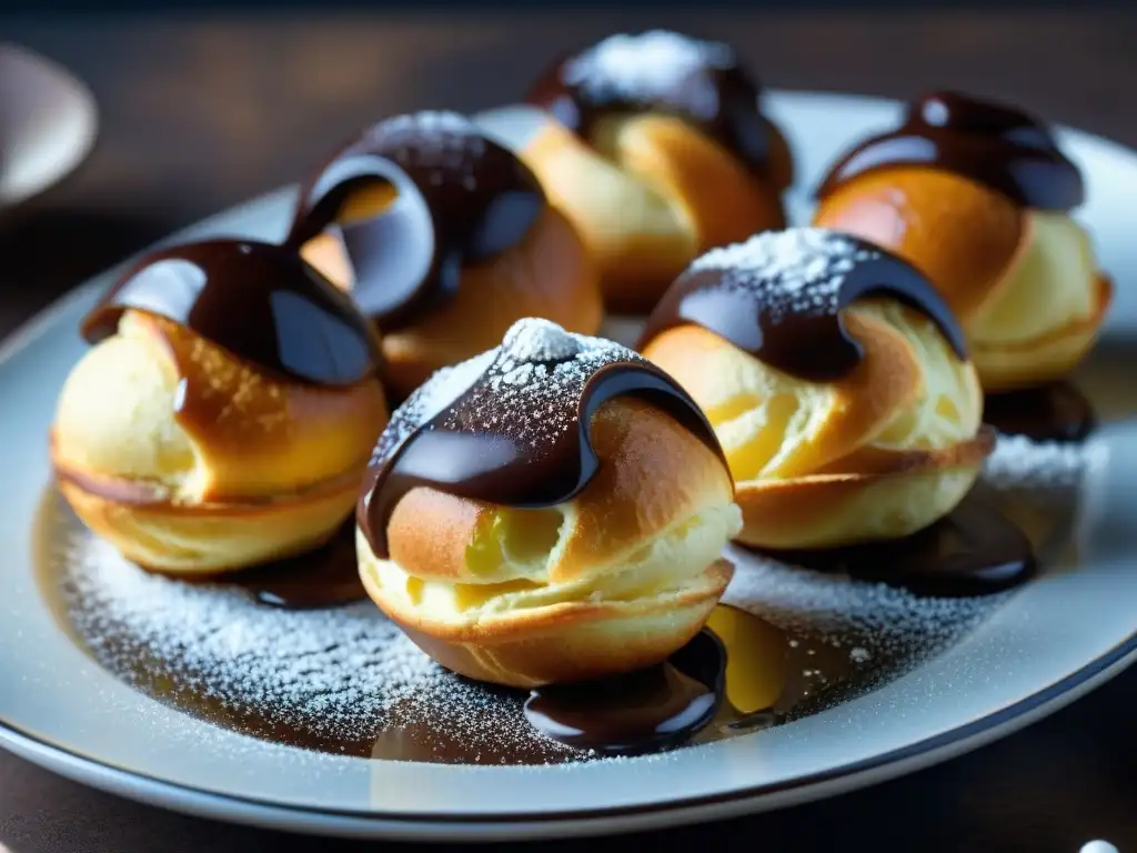 Deliciosos profiteroles dorados cubiertos de chocolate, presentados con elegancia