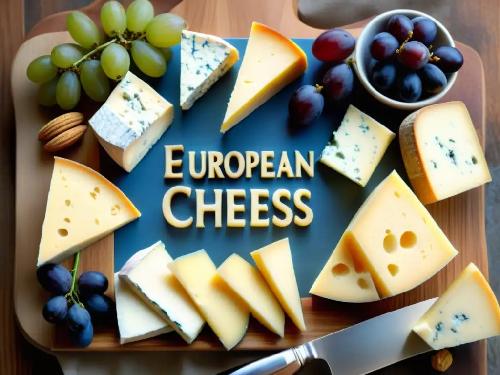 Deliciosos quesos europeos en tabla de madera, acompañados de frutas y crackers en cocina acogedora