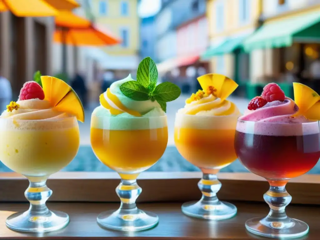 Deliciosos sorbetes de mango, frambuesa, limón y maracuyá en mercado europeo