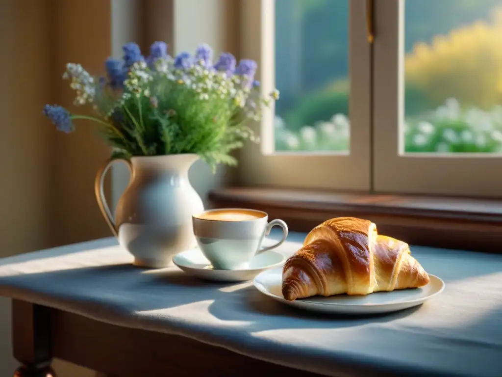 Un desayuno acogedor con té Earl Grey y croissant, iluminado por la mañana