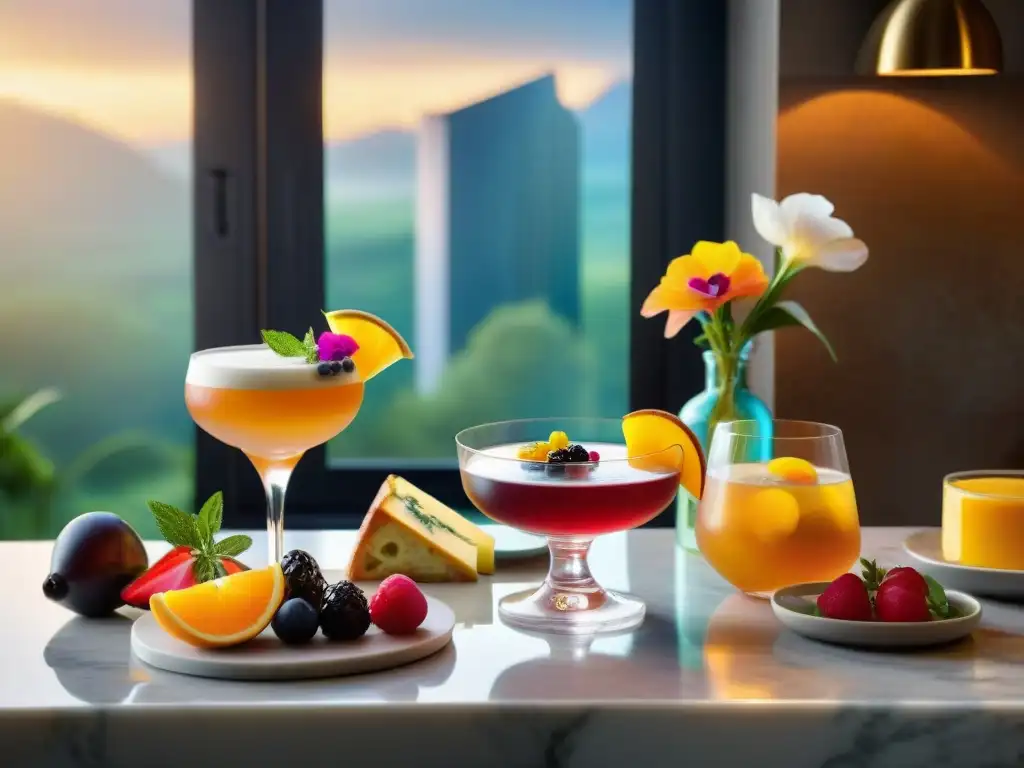 Un desayuno gourmet con cocteles exquisitos, frutas frescas y quesos artesanales, bañados por una cálida luz matutina