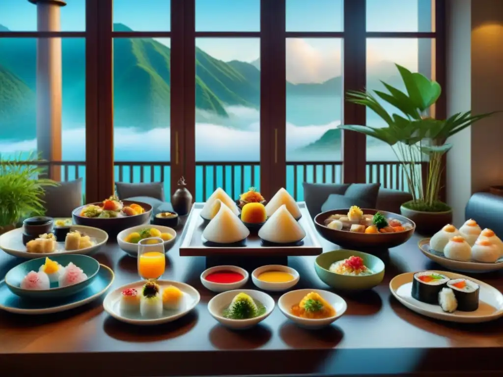 Un desayuno gourmet en un hotel internacional en Asia con exquisitos platos tradicionales y elegante decoración