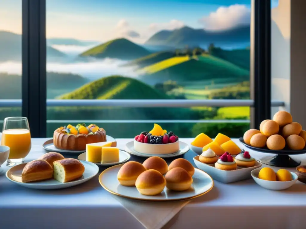 Un desayuno gourmet en hotel internacional: exquisitos platos, elegante mesa y vista urbana al sol