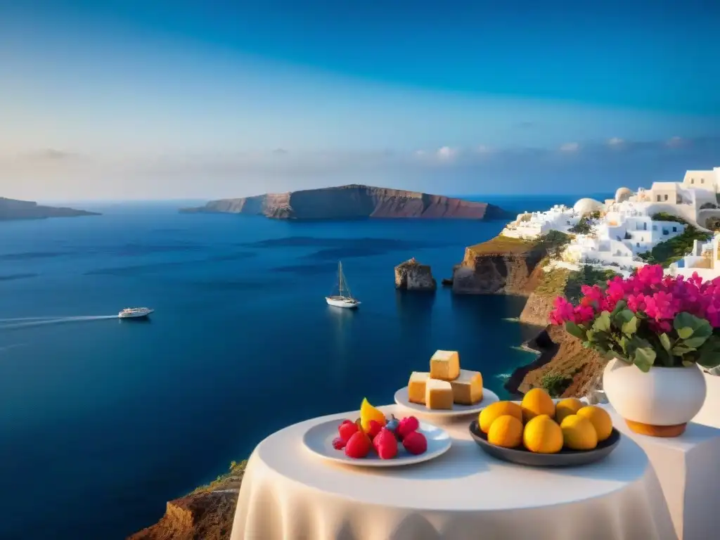 Un desayuno gourmet en un hotel de lujo en Santorini con vista al mar Egeo