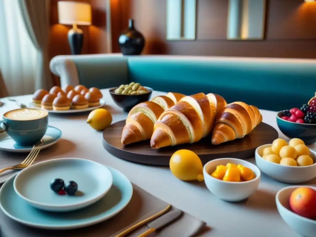 Un desayuno gourmet en un lujoso hotel europeo con fina vajilla y exquisitos alimentos