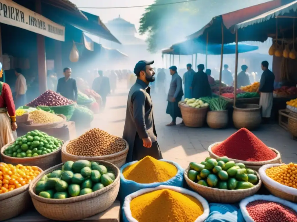 Descubrimientos gastronómicos en mercados: escena animada con frutas y verduras vibrantes, especias coloridas y locales negociando