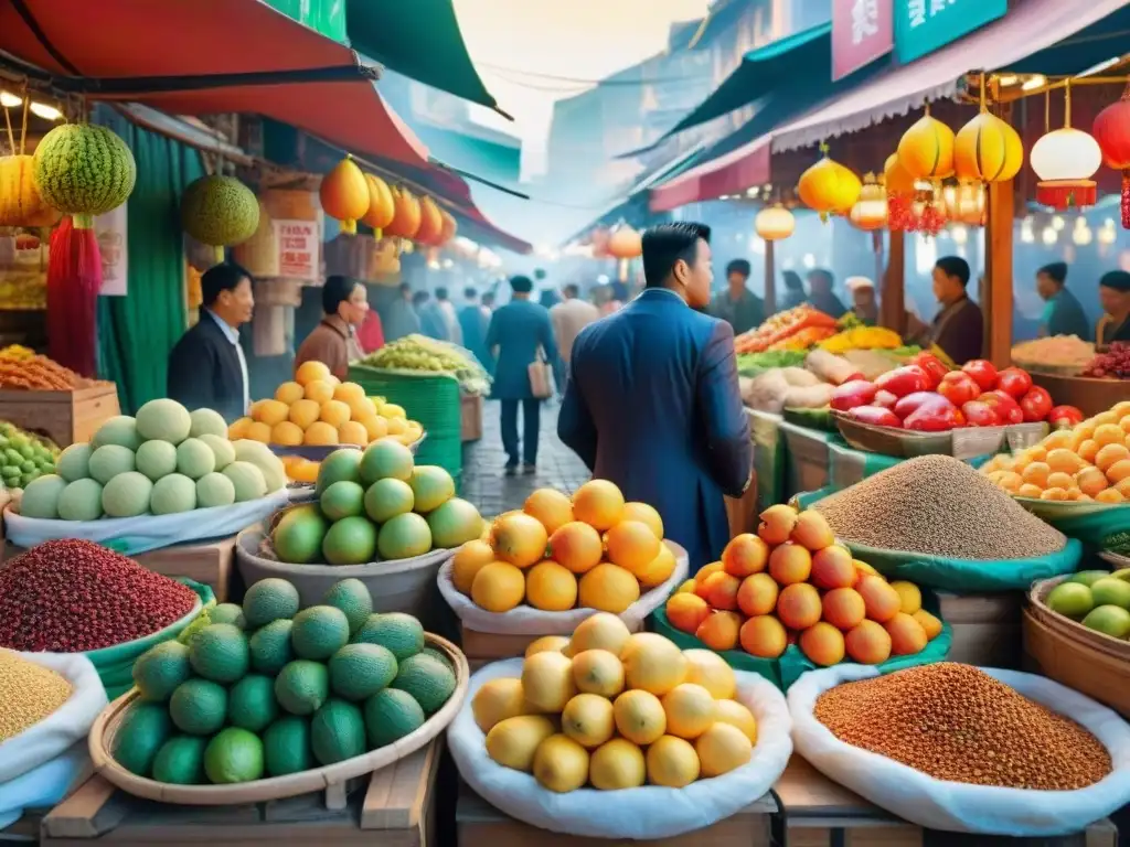 Descubrimientos gastronómicos en mercados: Imagen ultradetallada y realista de un bullicioso mercado asiático lleno de colores y sabores exóticos