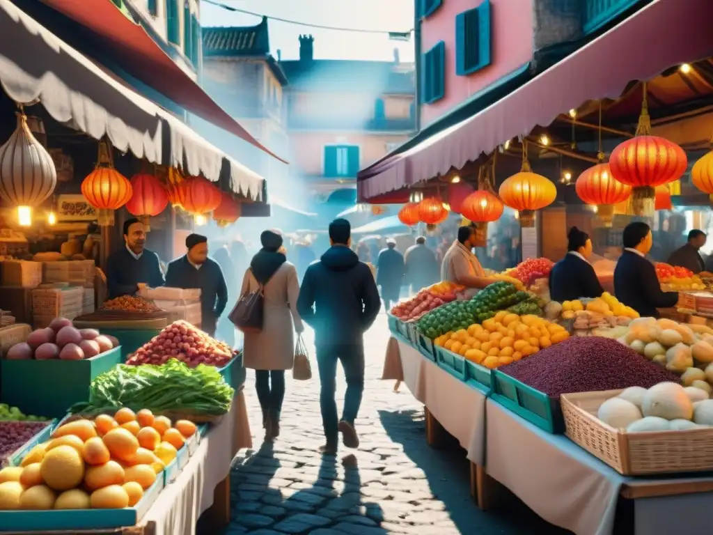 Descubrimientos gastronómicos en mercados: una vibrante escena de mercado con coloridas frutas, especias y delicias callejeras