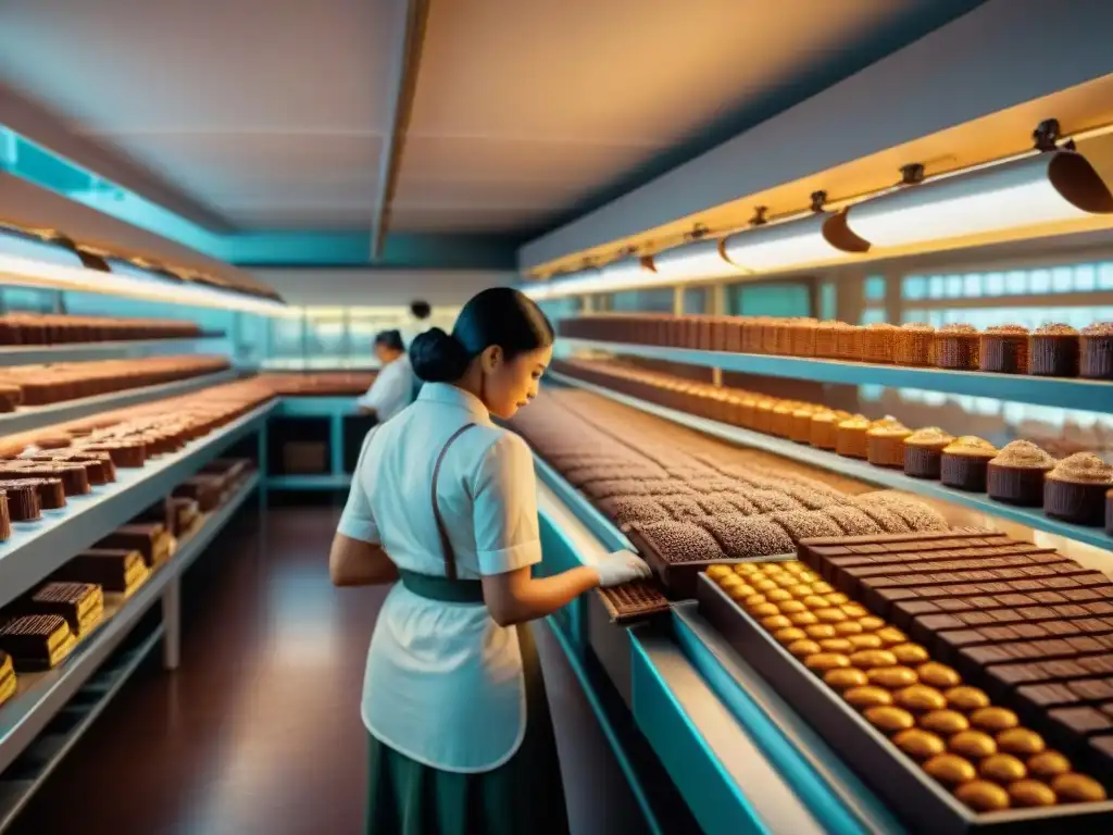 Descubrimientos históricos en la fabricación del chocolate en una fábrica del siglo XX con trabajadores y maquinaria detallada