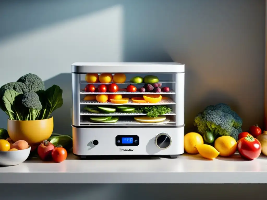 Un desidratador de alimentos caseros moderno rodeado de frutas y verduras frescas y coloridas en una cocina iluminada con luz natural