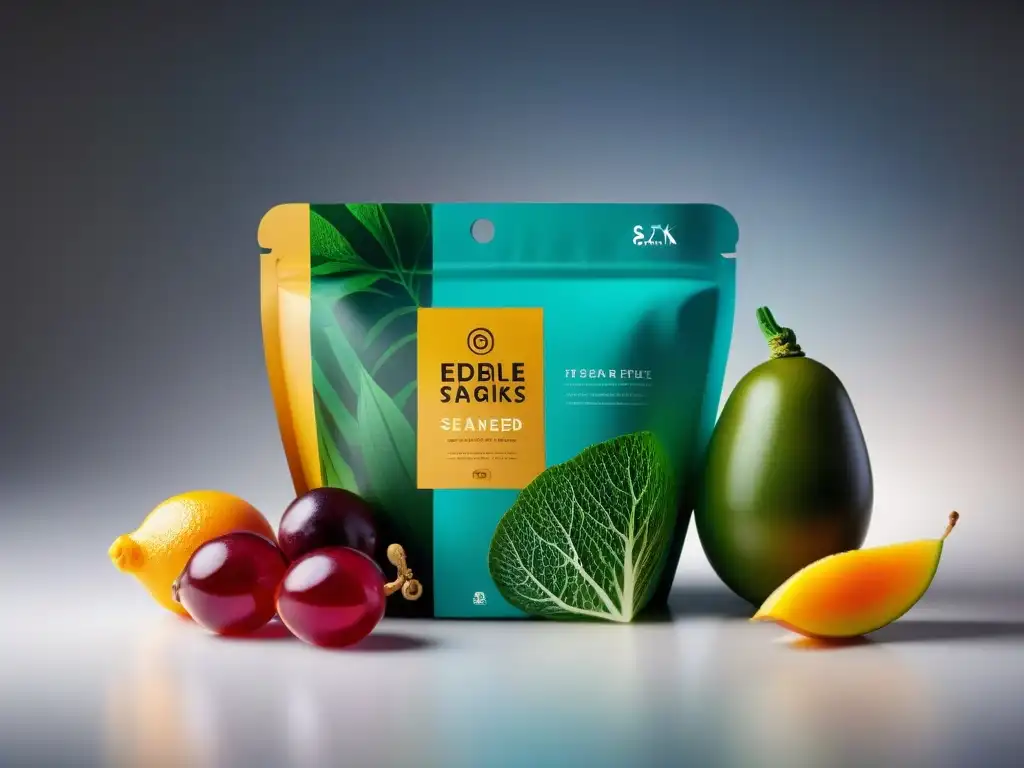 Deslumbrante imagen 8K de envases comestibles gourmet innovadores junto a deliciosos platos y productos frescos