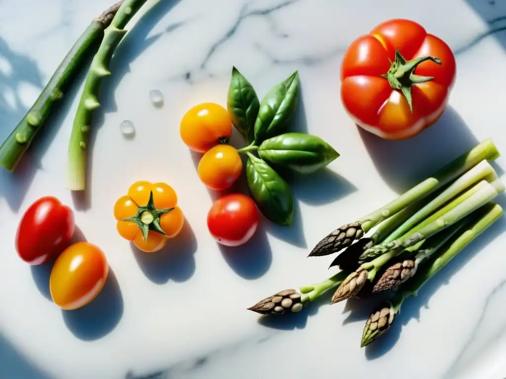 Un despliegue de ingredientes frescos de estación sobre una encimera de mármol blanco