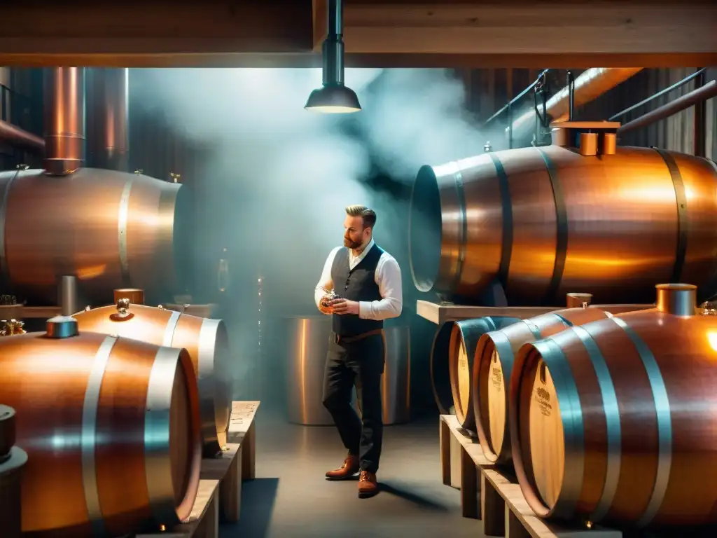 Un destilador experto examina cuidadosamente una muestra de whisky ámbar en una destilería iluminada débilmente