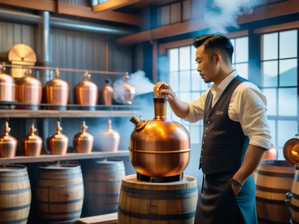 Un destilador japonés inspecciona con cuidado las destilerías de whisky, fusionando tradición y modernidad