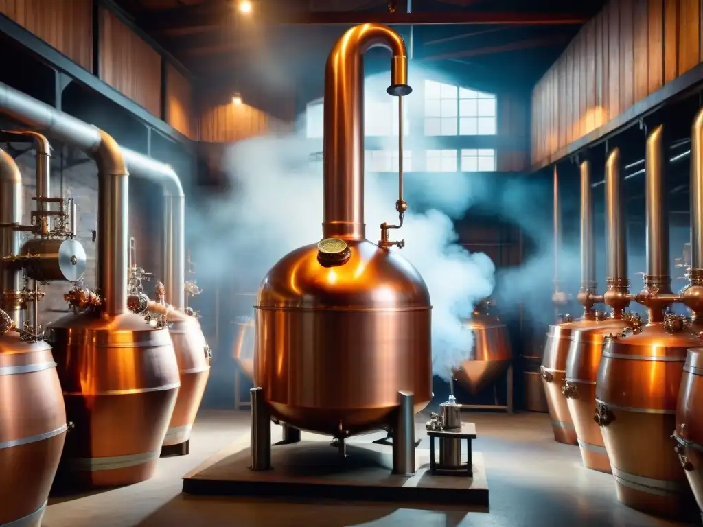 Una destilería exclusiva de whisky, donde el arte y la artesanía se fusionan en un entorno atmosférico iluminado