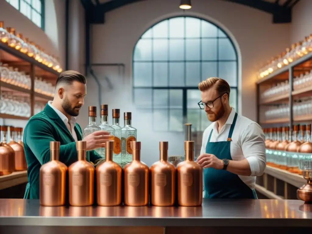 En una destilería de gin moderna, trabajadores elaboran gin en pequeñas cantidades, rodeados de alambiques de cobre y botánicos