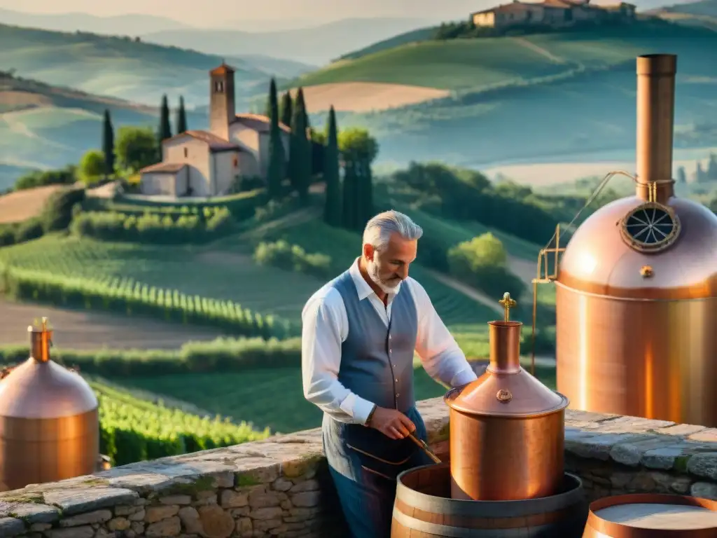 Destilería italiana tradicional en las colinas de la Toscana, donde se destila Grappa italiana tradición destilada