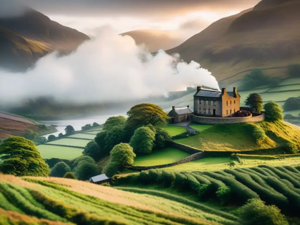 Destilería de whisky en las Highlands escocesas, rodeada de colinas verdes bajo un cielo brumoso