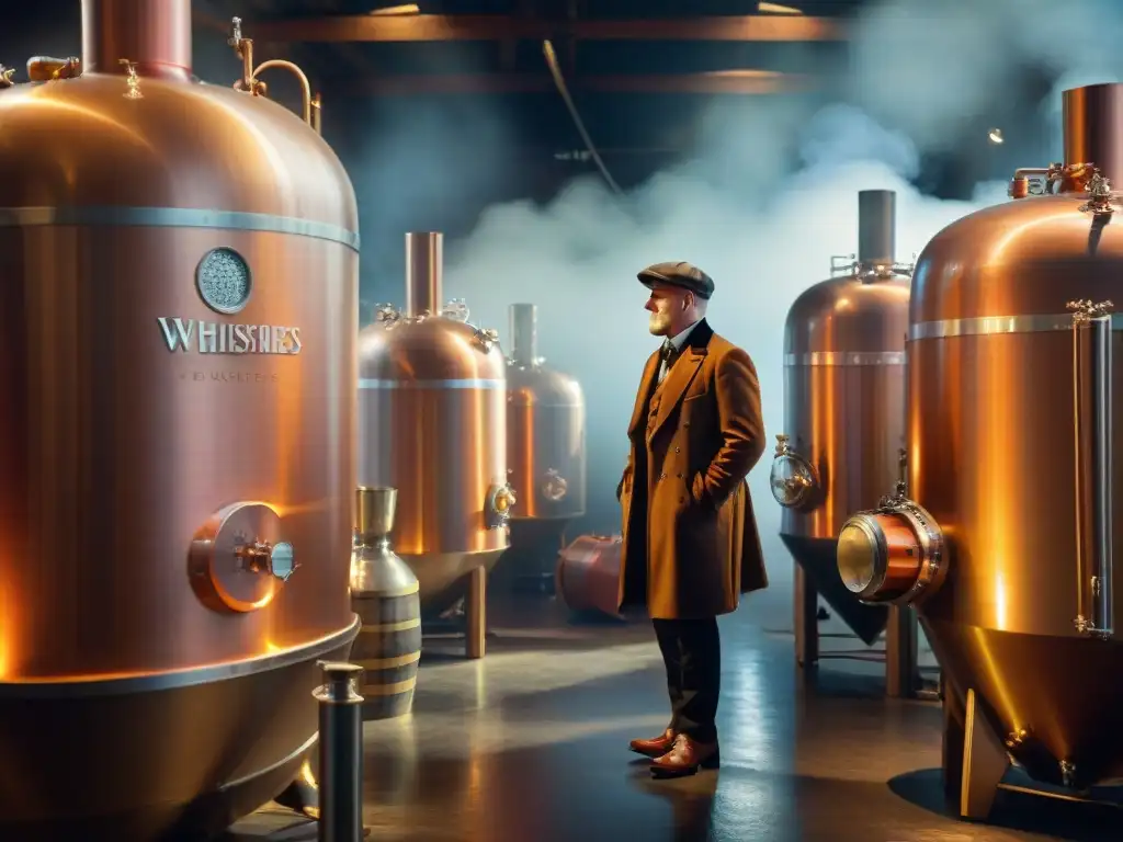 Una destilería de whisky iluminada con destellos cálidos, resaltando alambiques de cobre y barricas envejeciendo