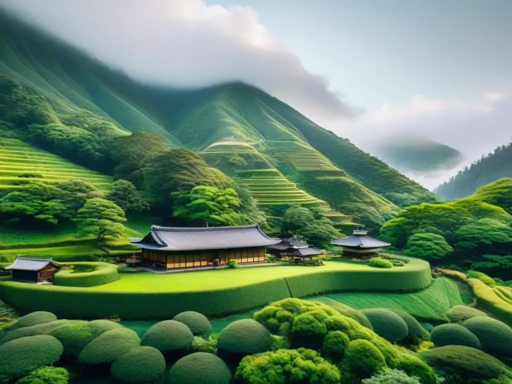 Un destilería de whisky japonesa tradicional entre montañas verdes, con un bar moderno