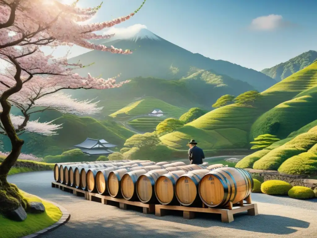 Destilería de whisky japonés: tradición y modernidad entre montañas verdes y sakuras en flor