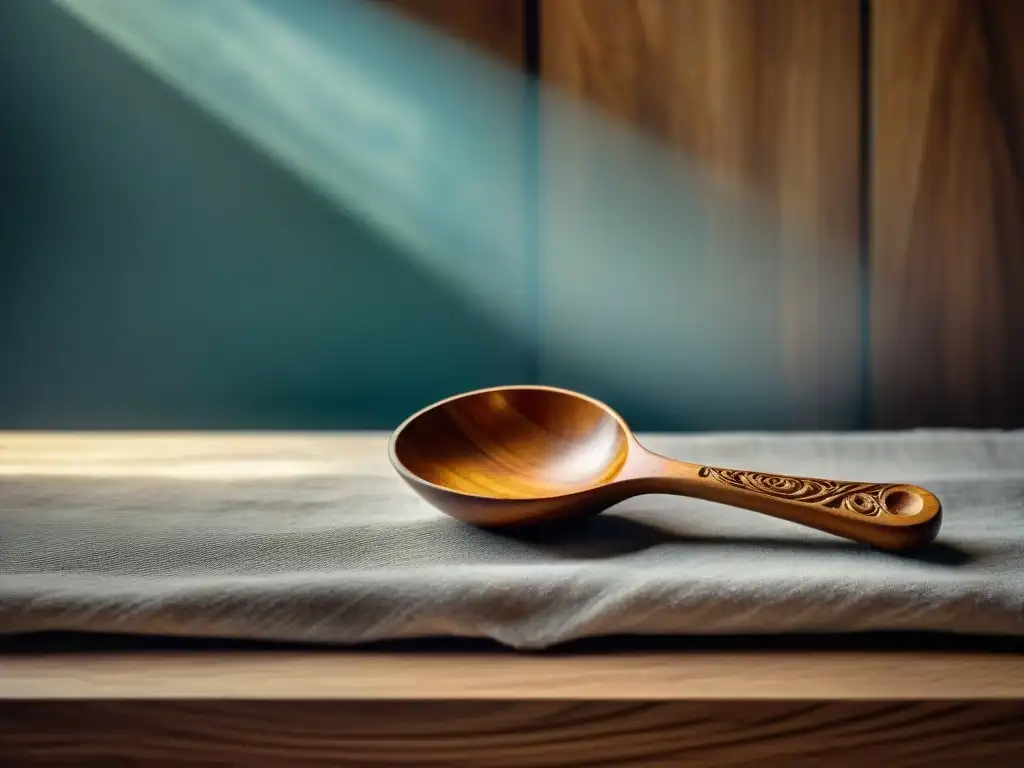 Detallada cuchara de madera antigua con grabados, reflejo de años de uso en cocina bulliciosa